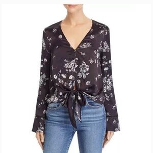 CAMI NYC Lila Tie-Detail Floral Silk Blouse Stone Black Floral Blouse sz L